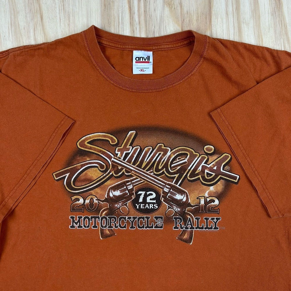 2012 SURGIS Black Hills Rally SKULL Revolver Men's T-Shirt  XL Orange‎